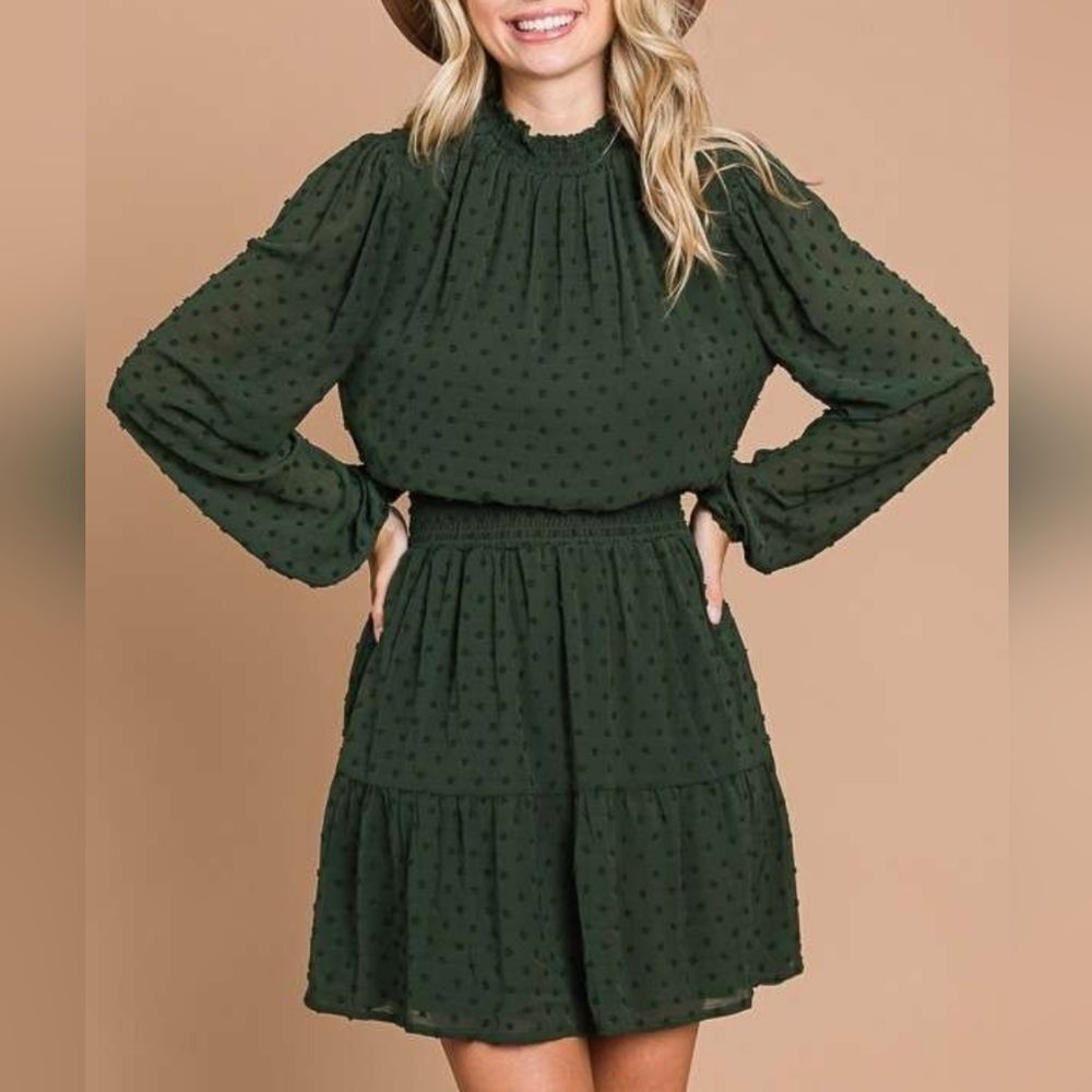 Women's Cute Casual Swiss Dot Smock Neck Mini Dress Pockets Green Md